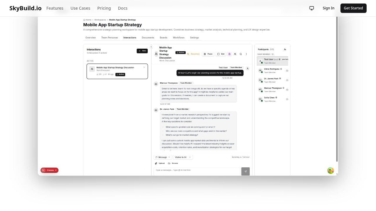 SkyBuild.io workspace — AI personas collaborating in real-time