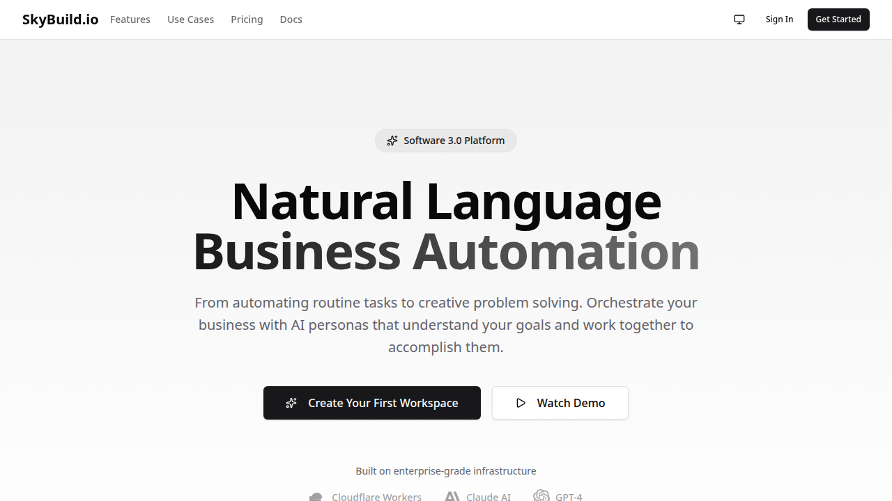 SkyBuild.io homepage — Natural Language Business Automation